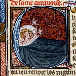 French_School_-_Three_bees_come_out_of_the_mouth_of_Saint_Ambrosius_(Saint_Ambrose)_Miniature_in_-_(MeisterDrucke-1057626)